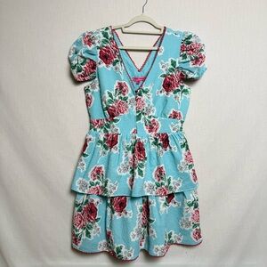 Betsey Johnson Floral Babydoll Dress Women’s Size L Blue Pink Rose Puff Sleeve